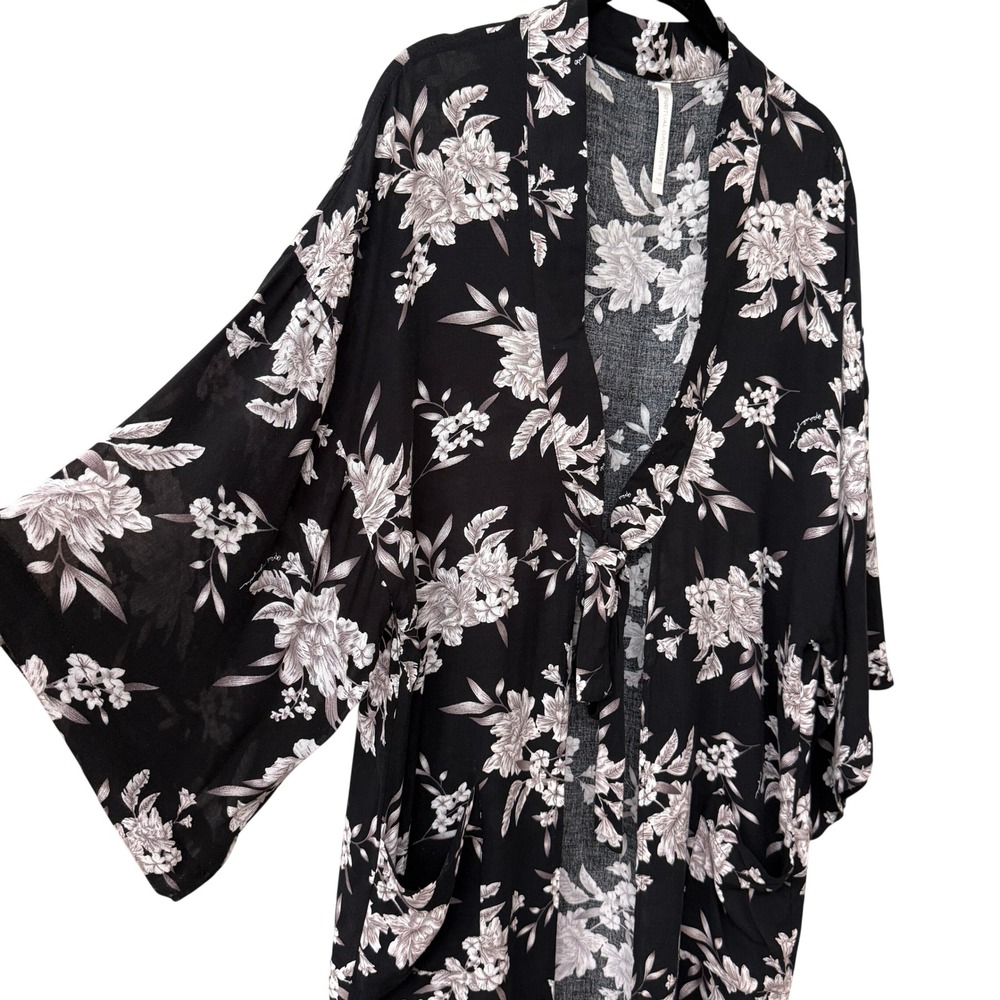 Spiritual Gangster Womens Dark Floral Duster Robe Tie Front Kimono Size OS Black